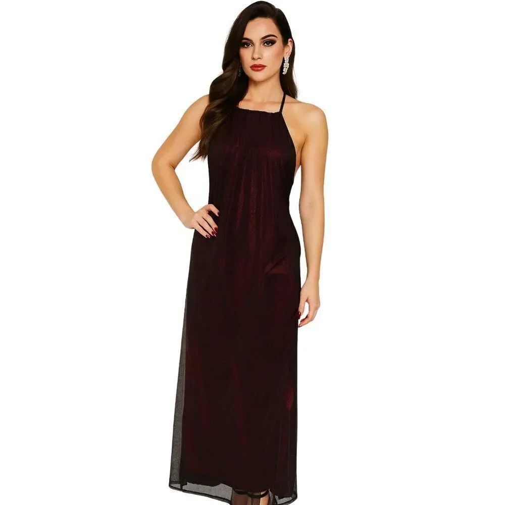 Vintage 90s Y2K Windsor Deep Red Black Mesh Overlay Side Slit Halter Maxi Dress
